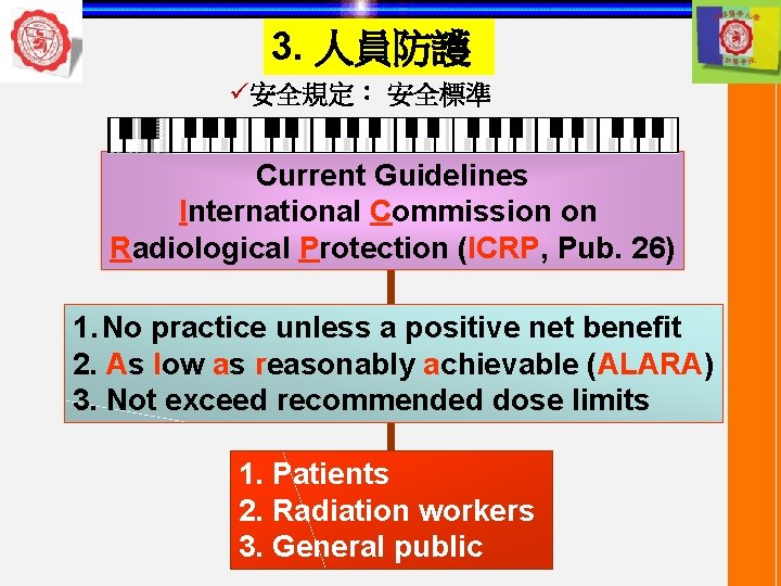 3. 人員防護 ü安全規定： 安全標準 Current Guidelines International Commission on Radiological Protection (ICRP, Pub. 26)