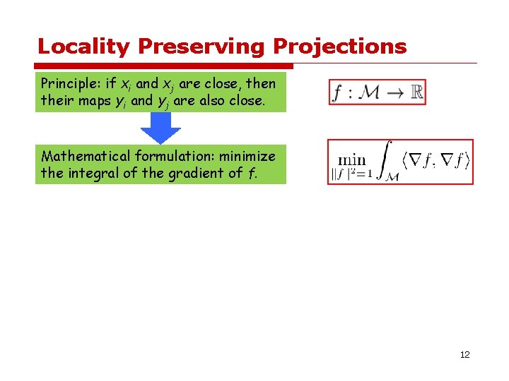 Locality Preserving Projections Principle: if xi and xj are close, then their maps yi Locality Preserving Projections Principle: if xi and xj are close, then their maps yi