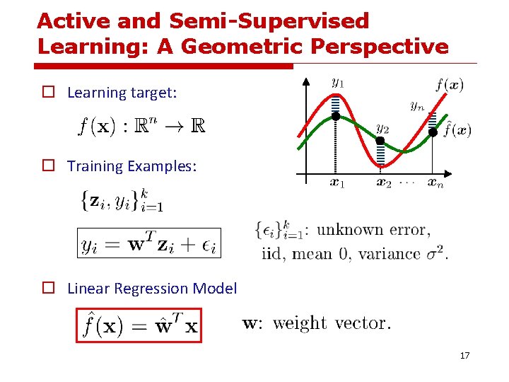 Active and Semi-Supervised Learning: A Geometric Perspective o Learning target: o Training Examples: o Active and Semi-Supervised Learning: A Geometric Perspective o Learning target: o Training Examples: o