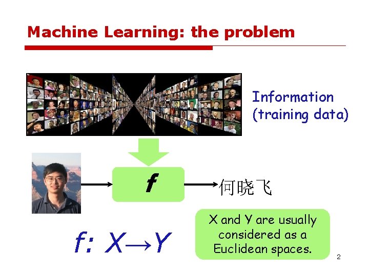 Machine Learning: the problem Information (training data) f f: X→Y 何晓飞 X and Y Machine Learning: the problem Information (training data) f f: X→Y 何晓飞 X and Y