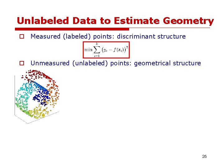 Unlabeled Data to Estimate Geometry o Measured (labeled) points: discriminant structure o Unmeasured (unlabeled) Unlabeled Data to Estimate Geometry o Measured (labeled) points: discriminant structure o Unmeasured (unlabeled)
