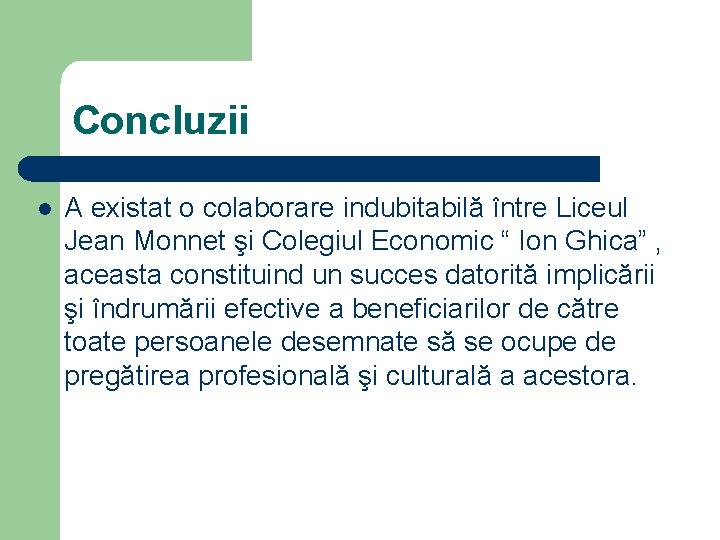 Concluzii l A existat o colaborare indubitabilă între Liceul Jean Monnet şi Colegiul Economic