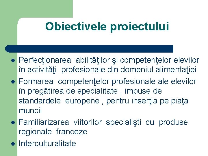 Obiectivele proiectului l l Perfecţionarea abilităţilor şi competenţelor elevilor în activităţi profesionale din domeniul