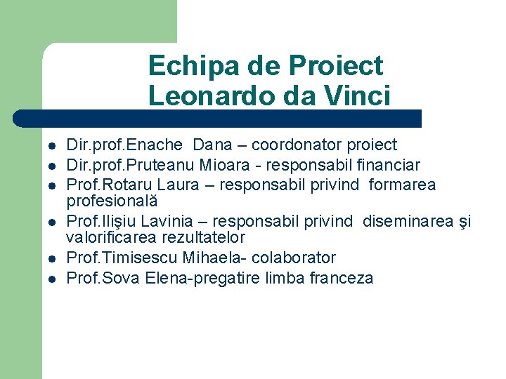 Echipa de Proiect Leonardo da Vinci l l l Dir. prof. Enache Dana –