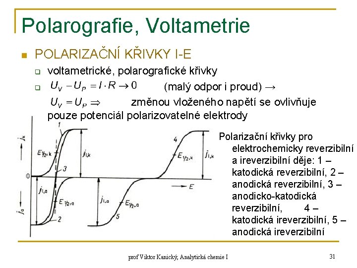 Polarografie, Voltametrie n POLARIZAČNÍ KŘIVKY I-E q q voltametrické, polarografické křivky (malý odpor i