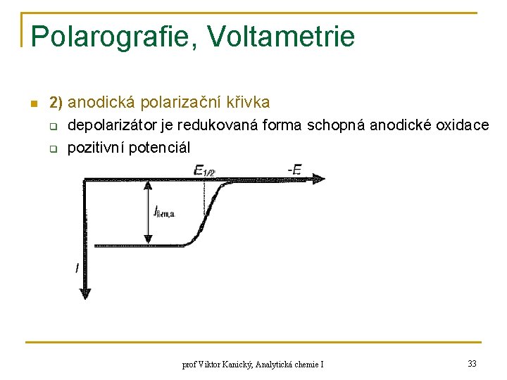 Polarografie, Voltametrie n 2) anodická polarizační křivka q depolarizátor je redukovaná forma schopná anodické
