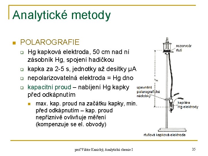 Analytické metody n POLAROGRAFIE q q Hg kapková elektroda, 50 cm nad ní zásobník