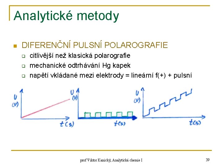 Analytické metody n DIFERENČNÍ PULSNÍ POLAROGRAFIE q q q citlivější než klasická polarografie mechanické