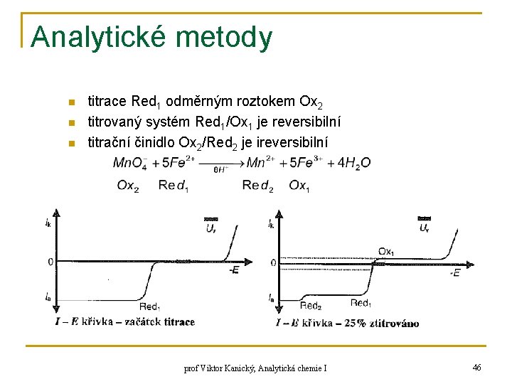 Analytické metody n n n titrace Red 1 odměrným roztokem Ox 2 titrovaný systém