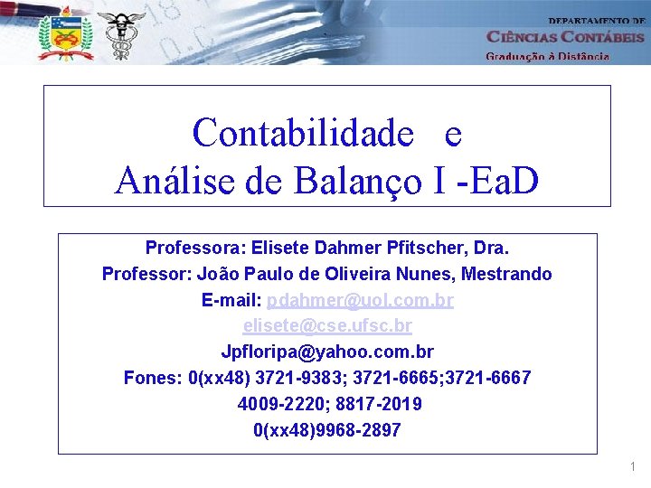 Contabilidade e Análise de Balanço I -Ea. D Professora: Elisete Dahmer Pfitscher, Dra. Professor: