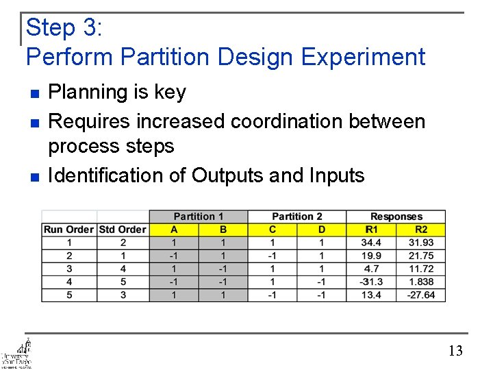 Step 3: Perform Partition Design Experiment n n n Planning is key Requires increased