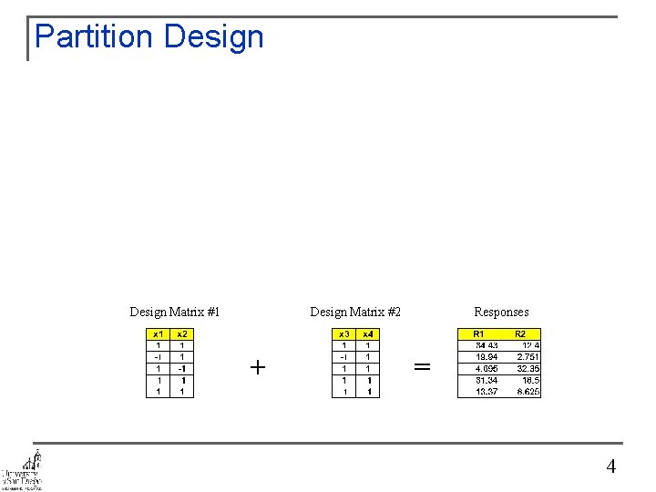 Partition Design Matrix #1 Design Matrix #2 + Responses = 4 
