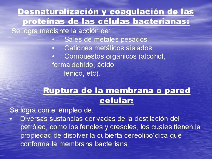 Desnaturalización y coagulación de las proteínas de las células bacterianas: Se logra mediante la