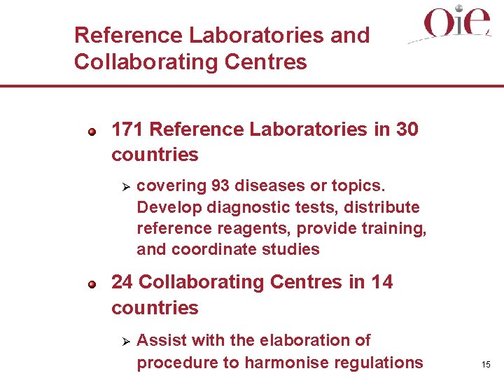 Reference Laboratories and Collaborating Centres 171 Reference Laboratories in 30 countries Ø covering 93