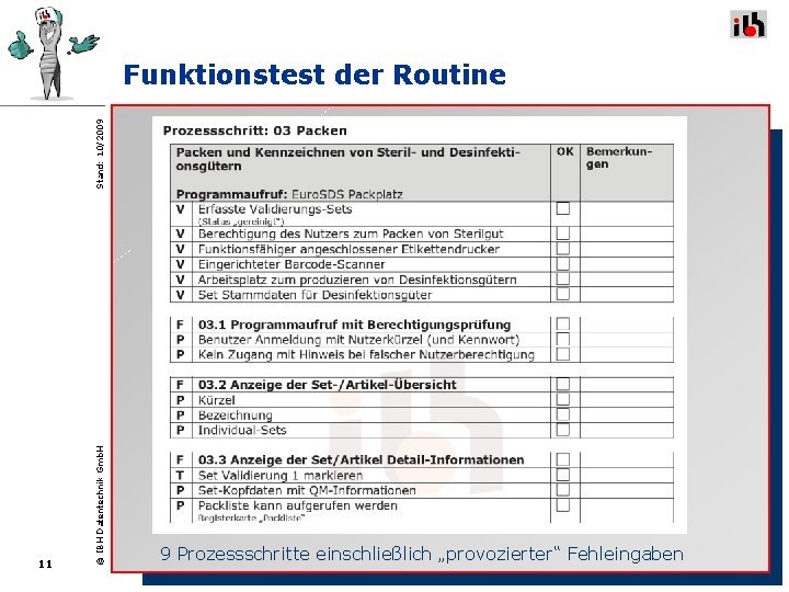 11 © IBH Datentechnik Gmb. H Stand: 10/2009 Funktionstest der Routine 9 Prozessschritte einschließlich 11 © IBH Datentechnik Gmb. H Stand: 10/2009 Funktionstest der Routine 9 Prozessschritte einschließlich