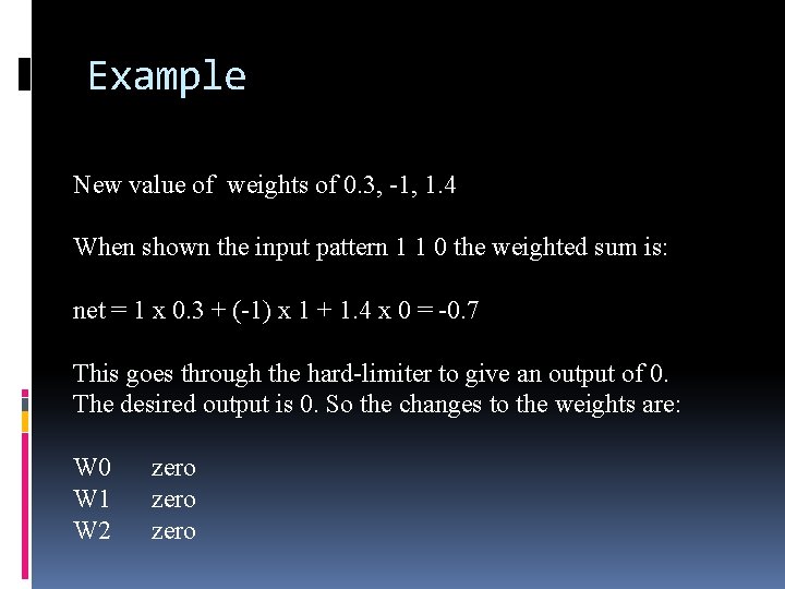 Example New value of weights of 0. 3, -1, 1. 4 When shown the