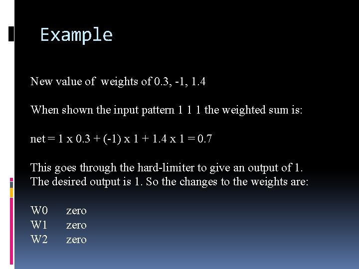 Example New value of weights of 0. 3, -1, 1. 4 When shown the