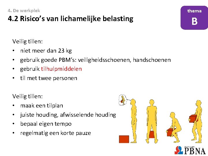 4. De werkplek 4. 2 Risico’s van lichamelijke belasting Veilig tillen: • niet meer