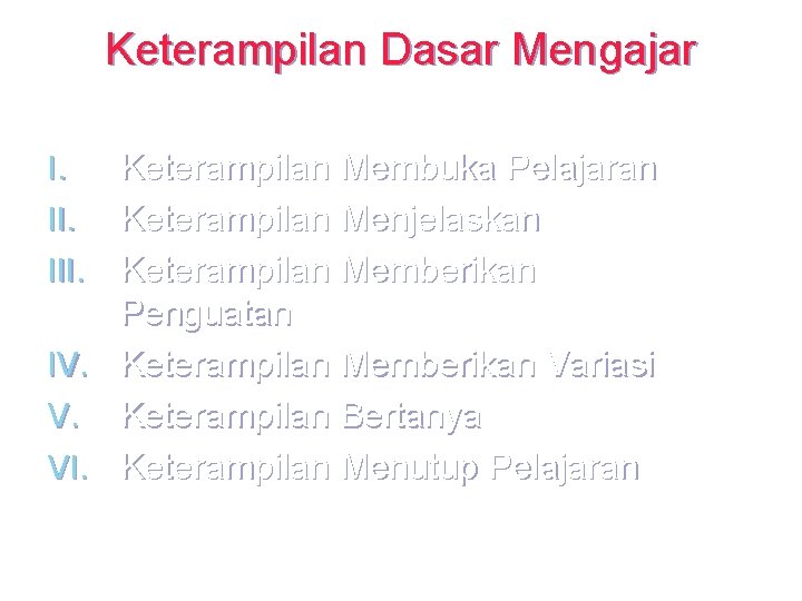 Keterampilan Dasar Mengajar Keterampilan Membuka Pelajaran II. Keterampilan Menjelaskan III. Keterampilan Memberikan Penguatan IV.