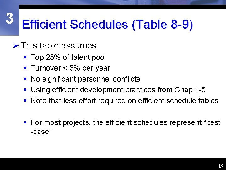 3 Efficient Schedules (Table 8 -9) Ø This table assumes: § § § Top