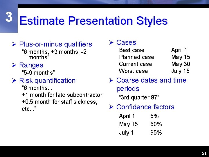 3 Estimate Presentation Styles Ø Plus-or-minus qualifiers “ 6 months, +3 months, -2 months”