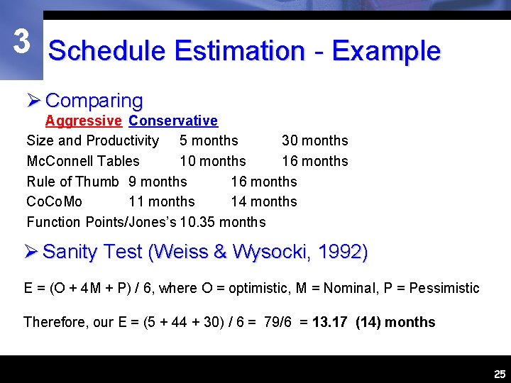 3 Schedule Estimation - Example Ø Comparing Aggressive Conservative Size and Productivity 5 months