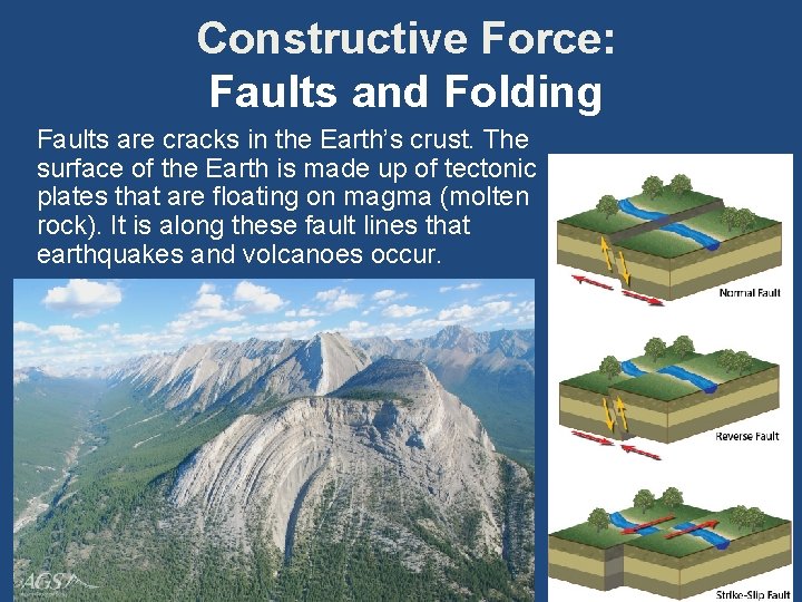 Constructive Force: Faults and Folding Faults are cracks in the Earth’s crust. The surface