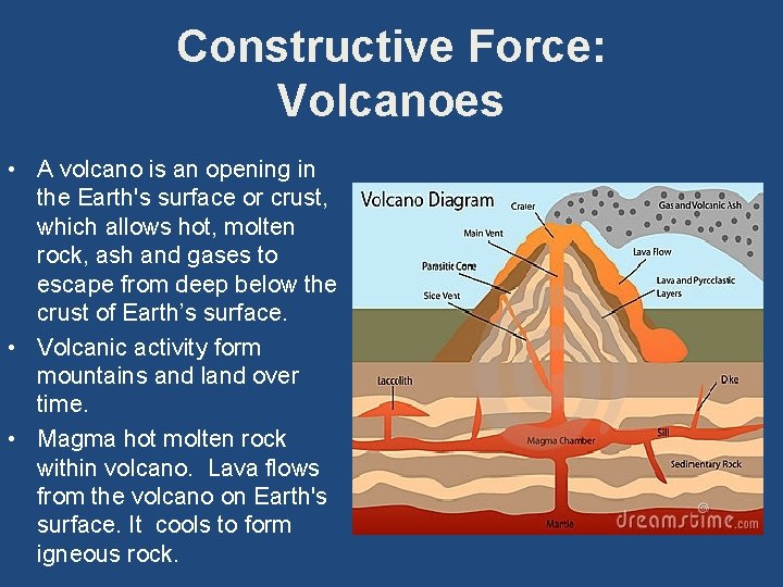 Constructive Force: Volcanoes • A volcano is an opening in the Earth's surface or
