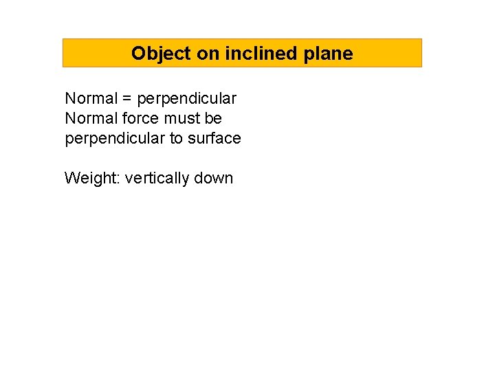 Object on inclined plane Normal = perpendicular Normal force must be perpendicular to surface