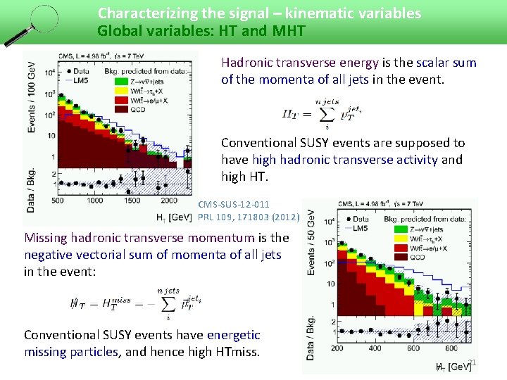 Characterizing the signal – kinematic variables Global variables: HT and MHT Hadronic transverse energy