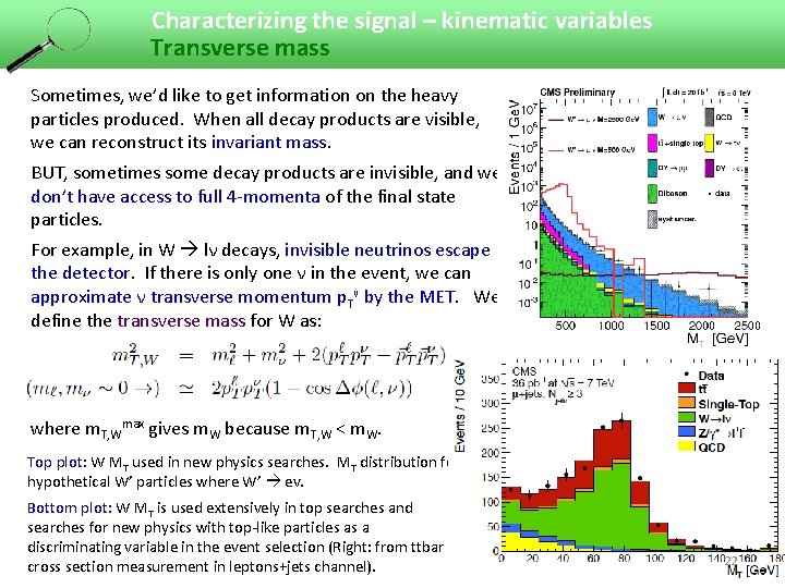 Characterizing the signal – kinematic variables Transverse mass Sometimes, we’d like to get information