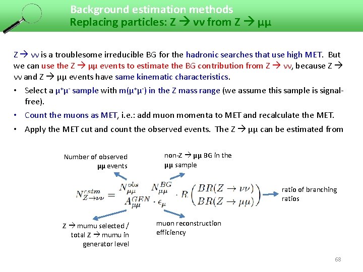 Background estimation methods Replacing particles: Z νν from Z μμ Z νν is a