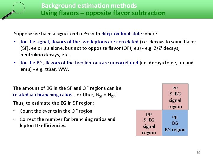Background estimation methods Using flavors – opposite flavor subtraction Suppose we have a signal