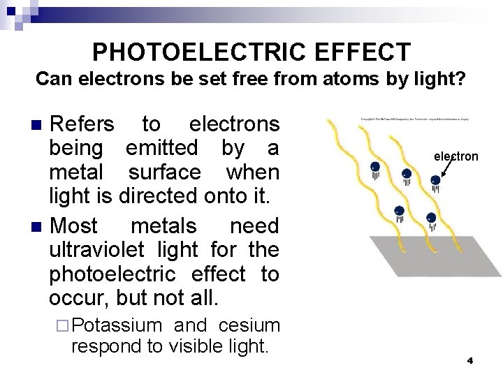 PHOTOELECTRIC EFFECT Can electrons be set free from atoms by light? Refers to electrons