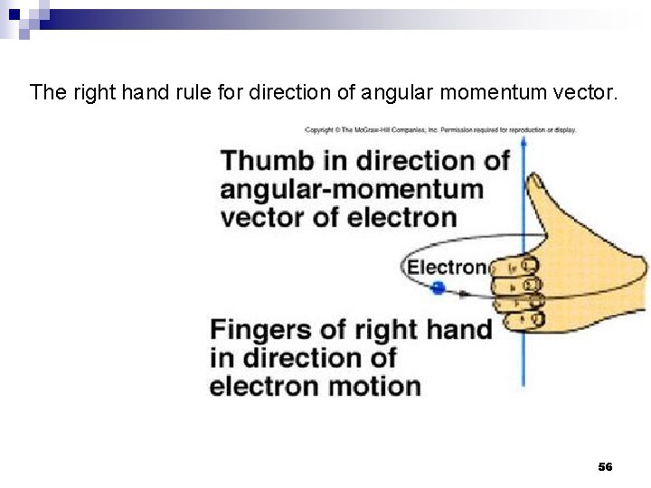 The right hand rule for direction of angular momentum vector. 56 