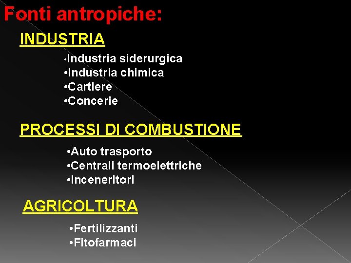 Fonti antropiche: INDUSTRIA • Industria siderurgica • Industria chimica • Cartiere • Concerie PROCESSI