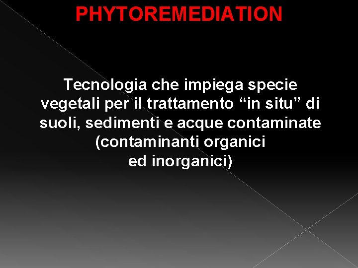 PHYTOREMEDIATION Tecnologia che impiega specie vegetali per il trattamento “in situ” di suoli, sedimenti