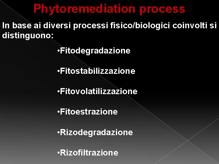 Phytoremediation process In base ai diversi processi fisico/biologici coinvolti si distinguono: • Fitodegradazione • Phytoremediation process In base ai diversi processi fisico/biologici coinvolti si distinguono: • Fitodegradazione •