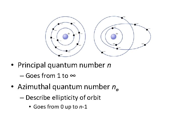  • Principal quantum number n – Goes from 1 to ∞ • Azimuthal