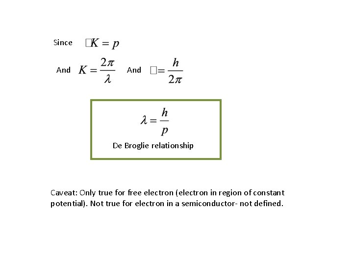 Since And De Broglie relationship Caveat: Only true for free electron (electron in region