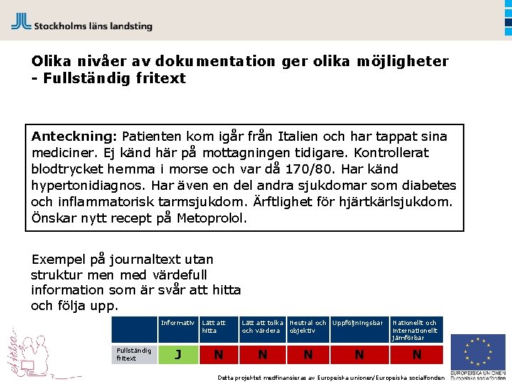Olika nivåer av dokumentation ger olika möjligheter - Fullständig fritext Anteckning: Patienten kom igår