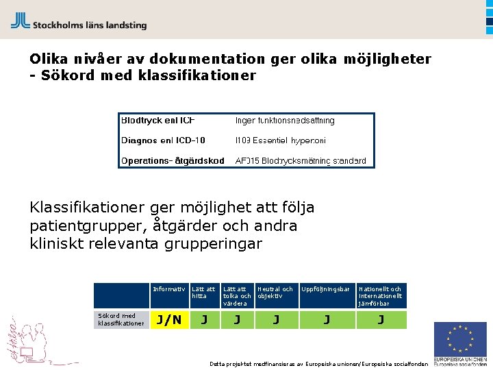 Olika nivåer av dokumentation ger olika möjligheter - Sökord med klassifikationer Klassifikationer ger möjlighet