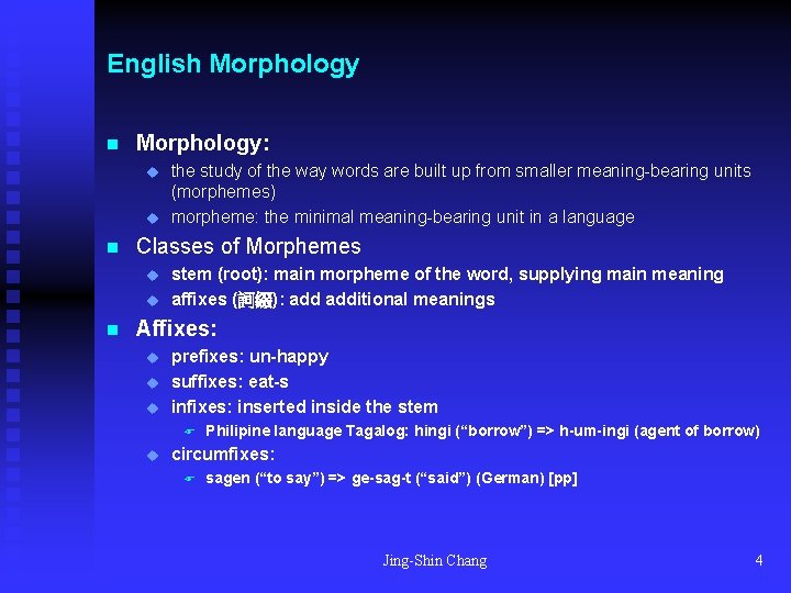 English Morphology n Morphology: u u n Classes of Morphemes u u n the