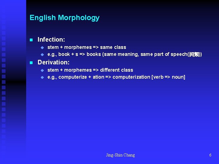 English Morphology n Infection: u u n stem + morphemes => same class e.