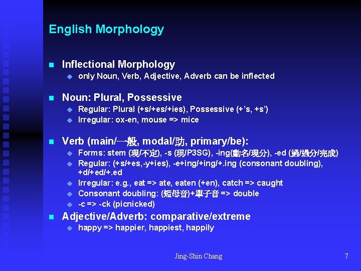 English Morphology n Inflectional Morphology u n Noun: Plural, Possessive u u n Regular: