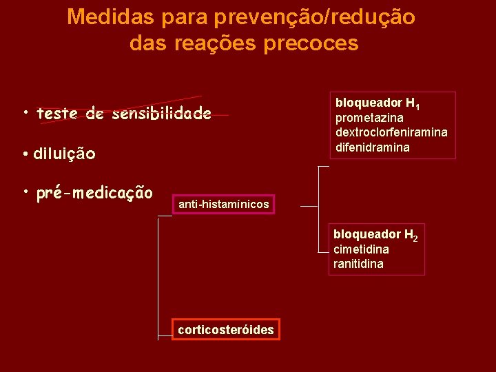 Medidas para prevenção/redução das reações precoces • teste de sensibilidade • diluição • pré-medicação