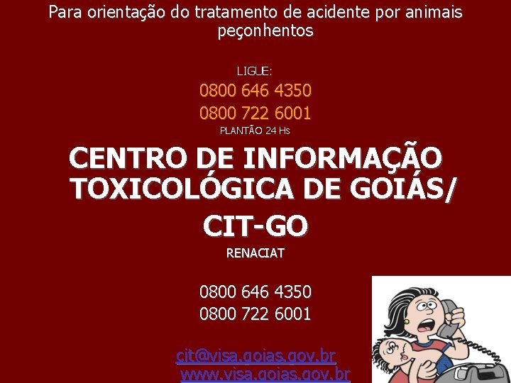 Para orientação do tratamento de acidente por animais peçonhentos LIGUE: 0800 646 4350 0800