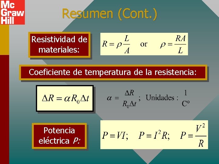 Resumen (Cont. ) Resistividad de materiales: Coeficiente de temperatura de la resistencia: Potencia eléctrica