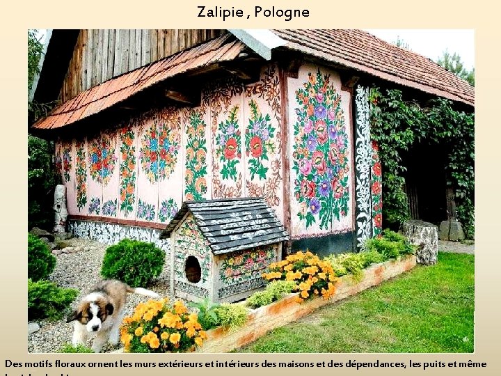 Zalipie , Pologne Des motifs floraux ornent les murs extérieurs et intérieurs des maisons