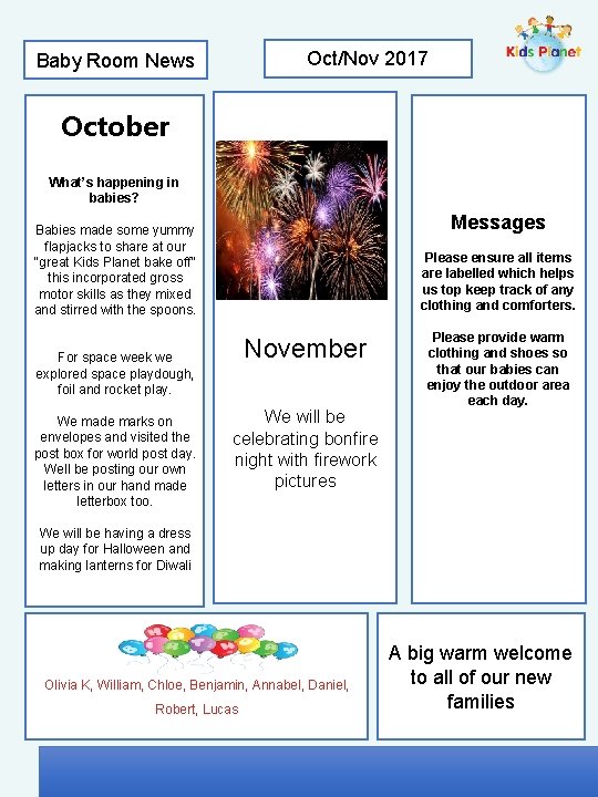 Oct/Nov 2017 Baby Room News October What’s happening in babies? Messages Babies made some